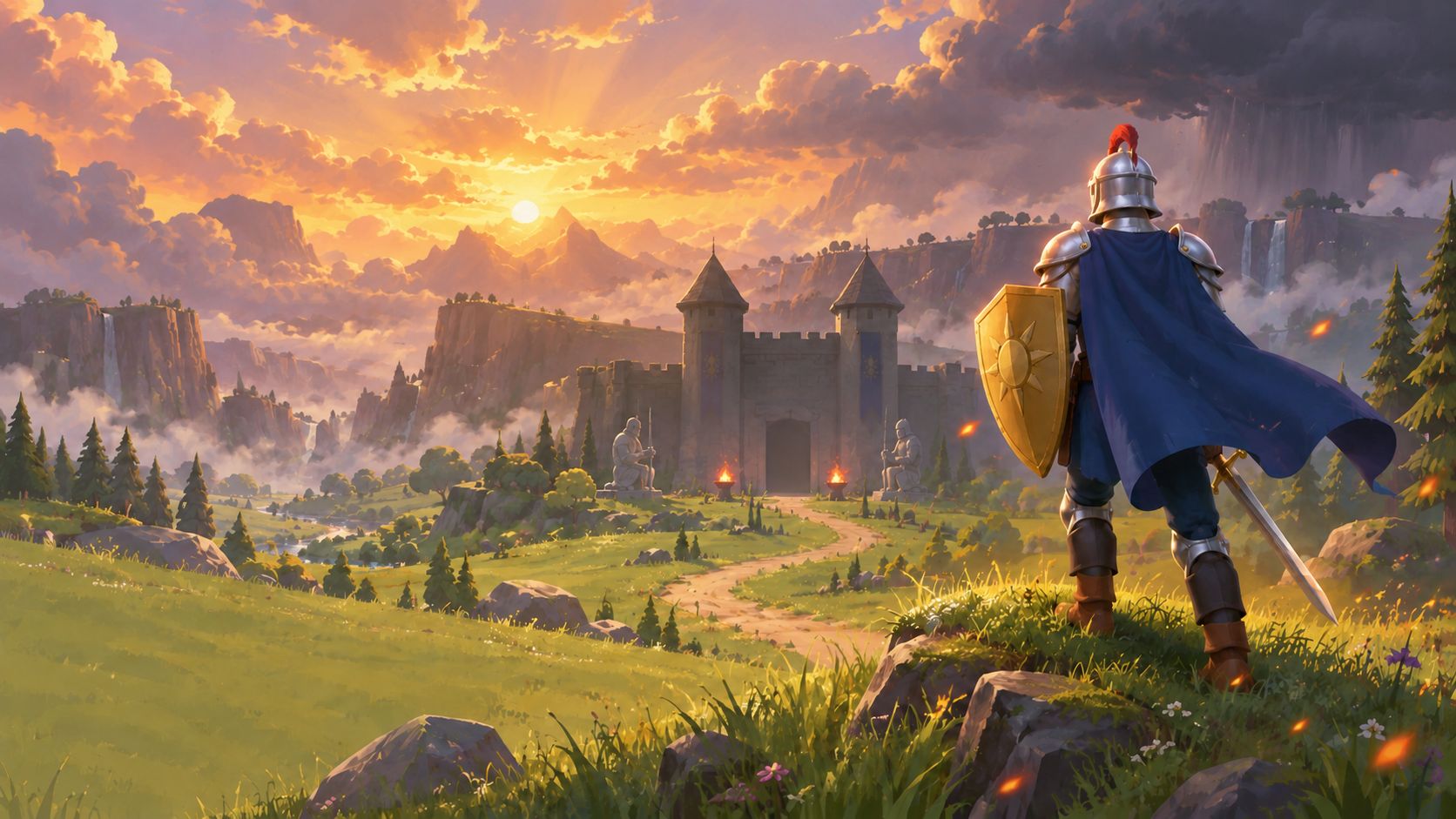 A paladin in a blue cape looks down a winding road toward the Sunken Keep at dusk, with storm clouds gathering over the cliffs